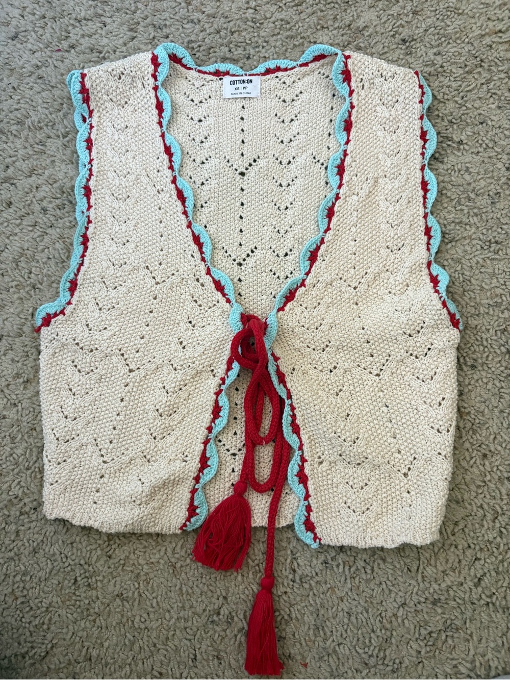 Cotton On Cream Crochet Top with Red Accents and Aqua Trim